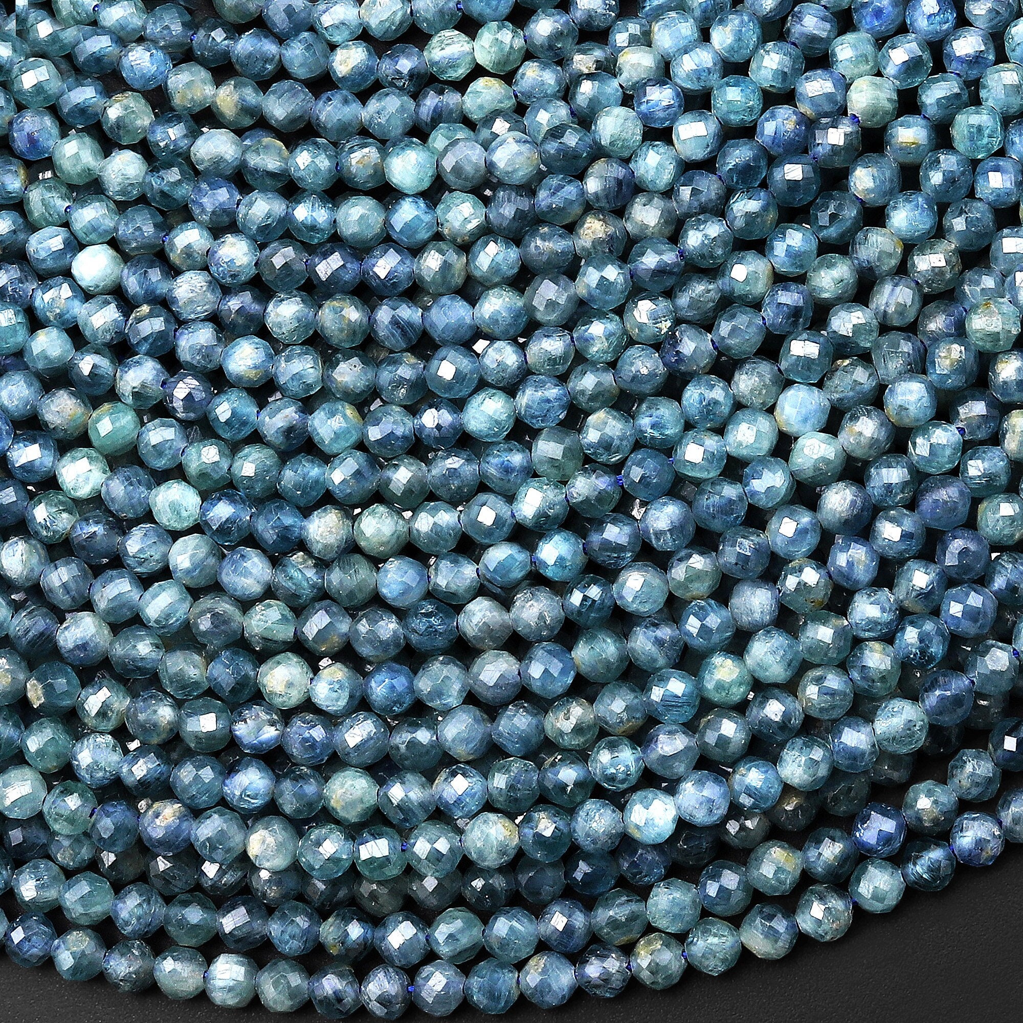 Aaa Rare Faceted Natural Bicolor Blue Green Kyanite 3mm 4mm Round Beads Chatoyant Gemstone 15.5" Strand