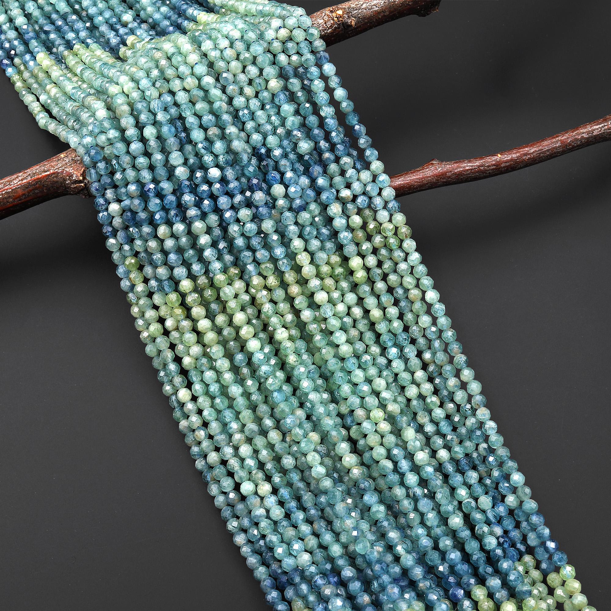 Aaa Rare Faceted Natural Bicolor Blue Green Kyanite 3mm 4mm Round Ombre Beads 15.5" Strand