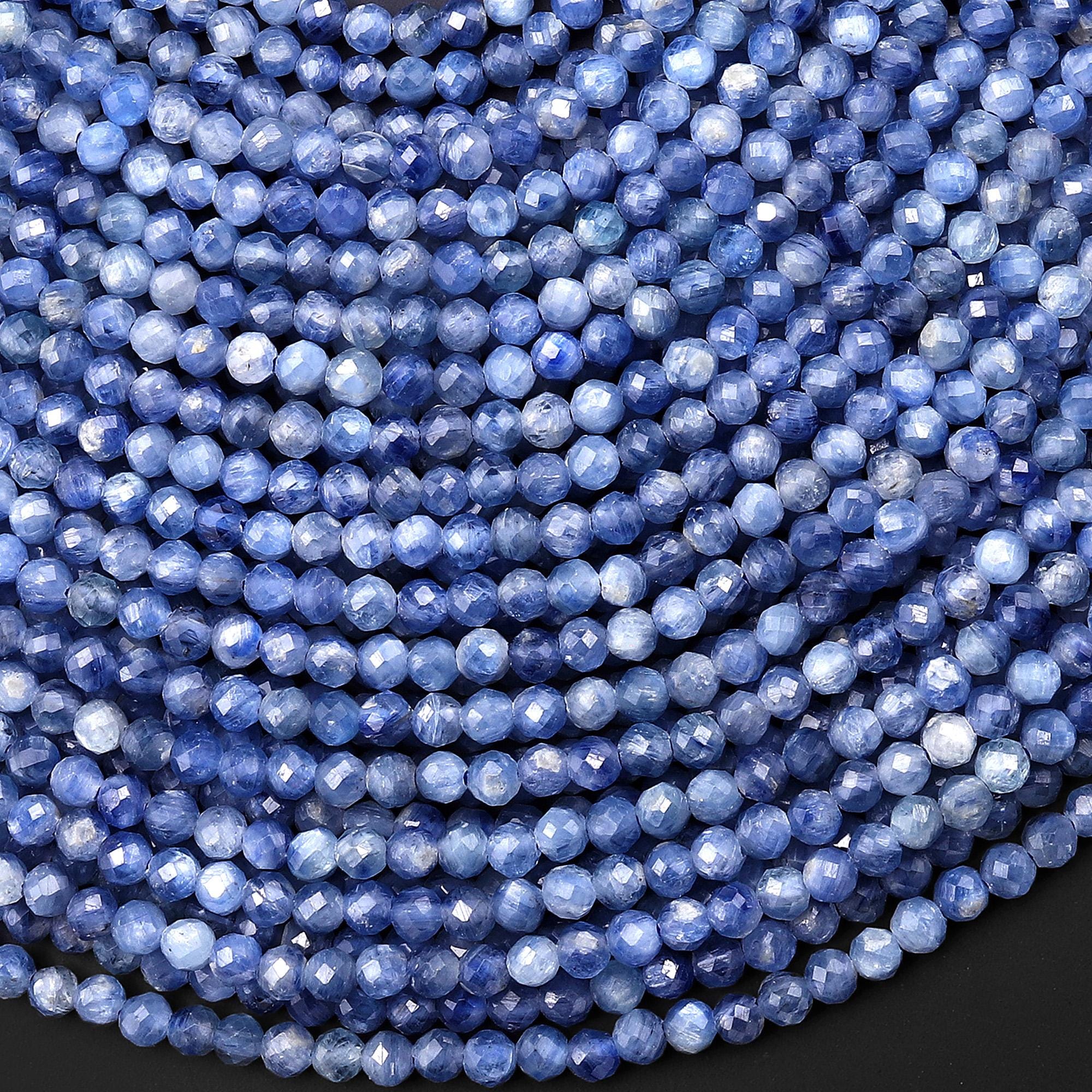 Faceted Natural Silvery Blue Kyanite 3mm 4mm Round Beads 15.5" Strand