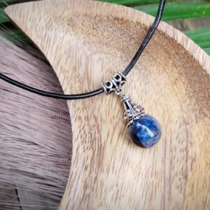 14mm Kyanite Round Bead Silver Necklace Black Leather Cord Stainless Steel Clasp