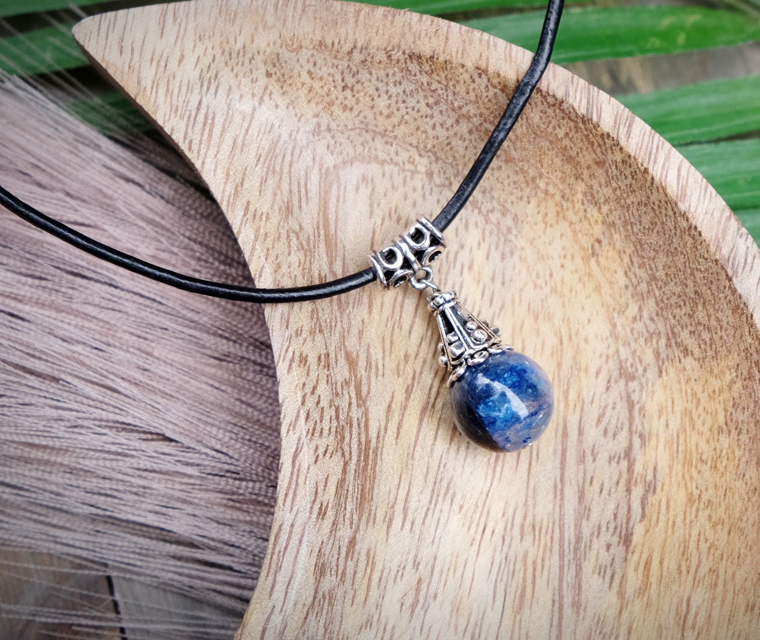 14mm Kyanite Round Bead Silver Necklace Black Leather Cord Stainless Steel Clasp