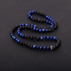 Black Lava And Blue Kyanite Beaded Necklace, Skull Charm Mala, 6-6.5mm Round Beads, Men's Mala, Stretch Mala, Gift For Him, Men's Jewelry