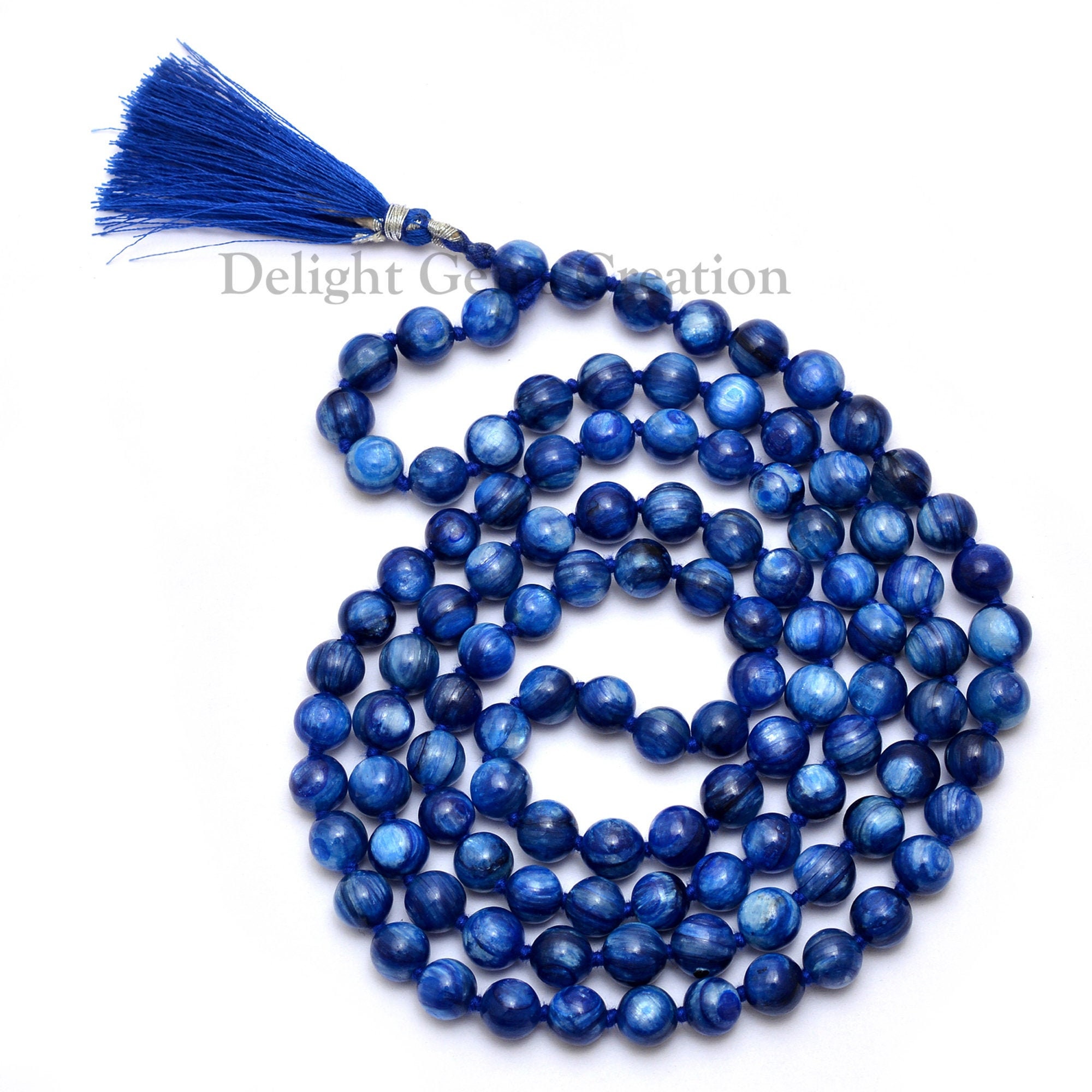 Blue Kyanite 108 Beads Mala Necklace, Hand-knotted Tassel, 8mm
