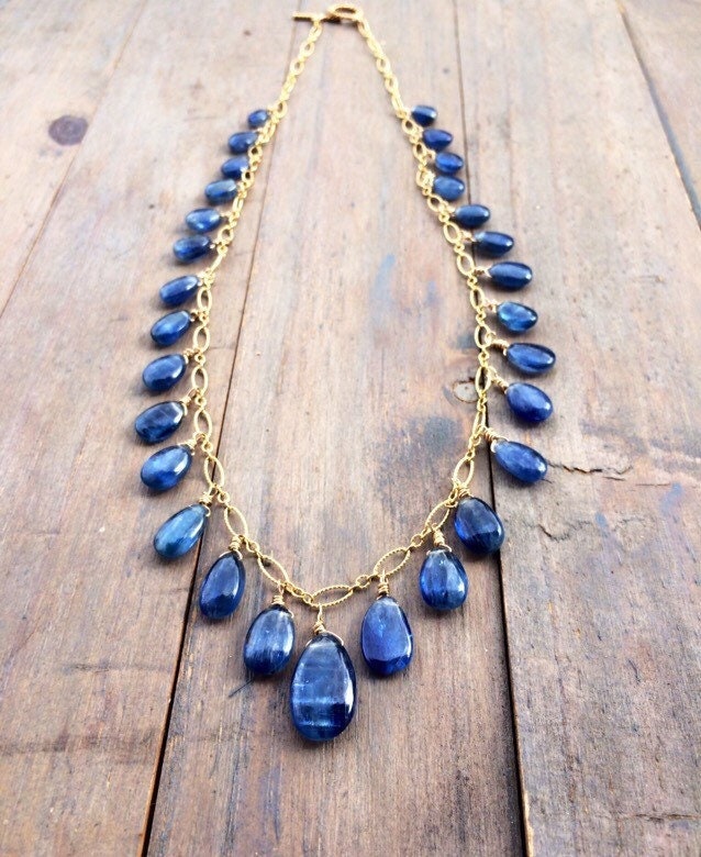 Blue Kyanite Necklace: 14k Gold Fill Chain, Wire Wrapped Gemstone