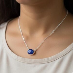 Blue Kyanite 925 Sterling Silver Horizontal Oval Necklace | Simple Solitaire Gemstone Jewelry
