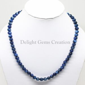Blue Kyanite Beaded Necklace, 8mm Smooth Round Beads, 18 Inch