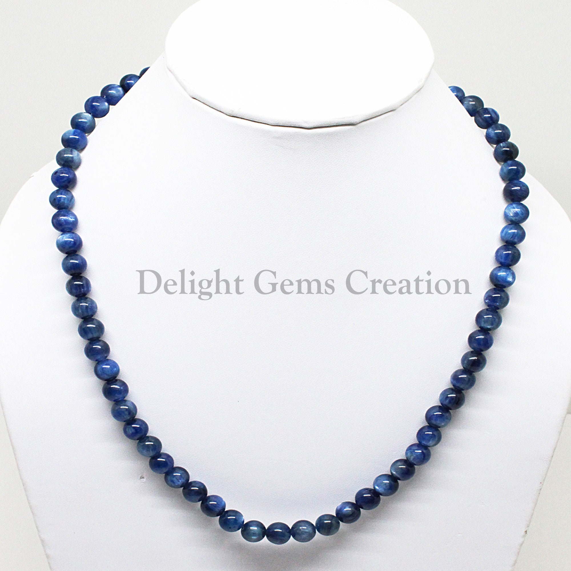 Blue Kyanite Beaded Necklace, 8mm Smooth Round Beads, 18 Inch