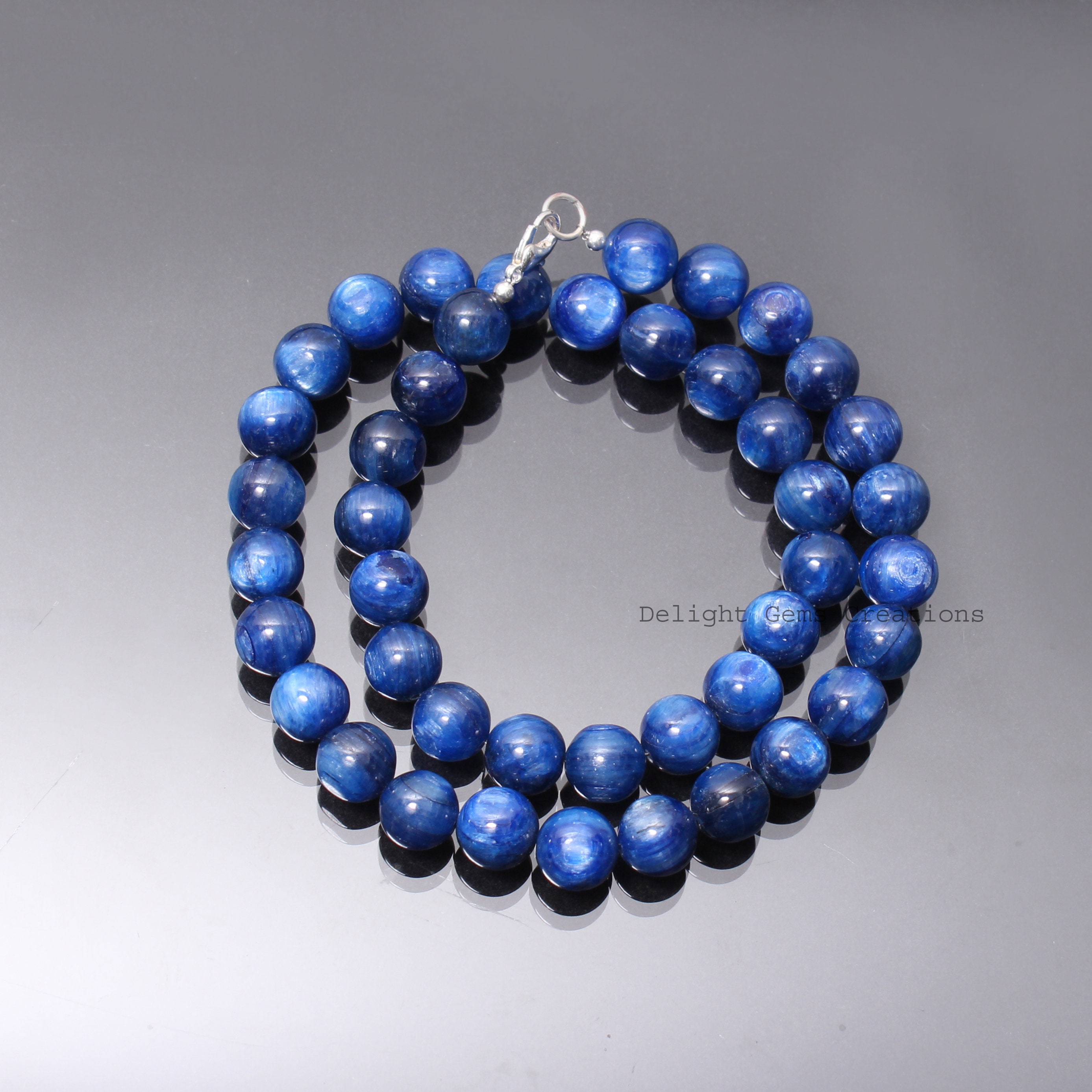 Blue Kyanite Beaded Necklace, 925 Sterling Silver, 10mm Round