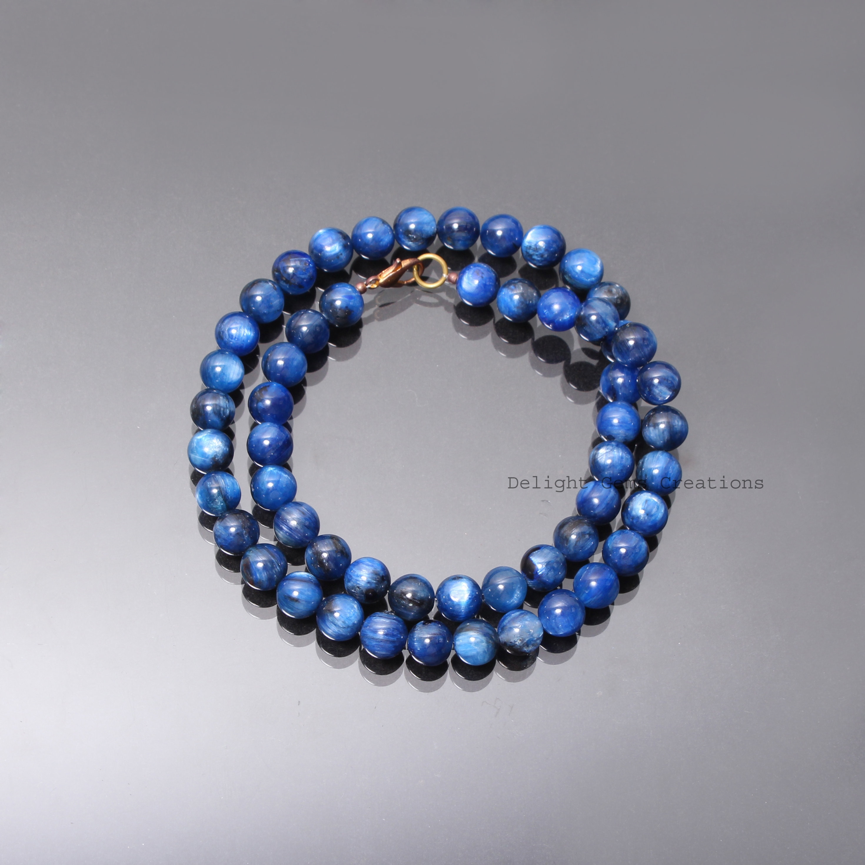Blue Kyanite Beaded Necklace, 925 Gold Plated Lock, 8mm