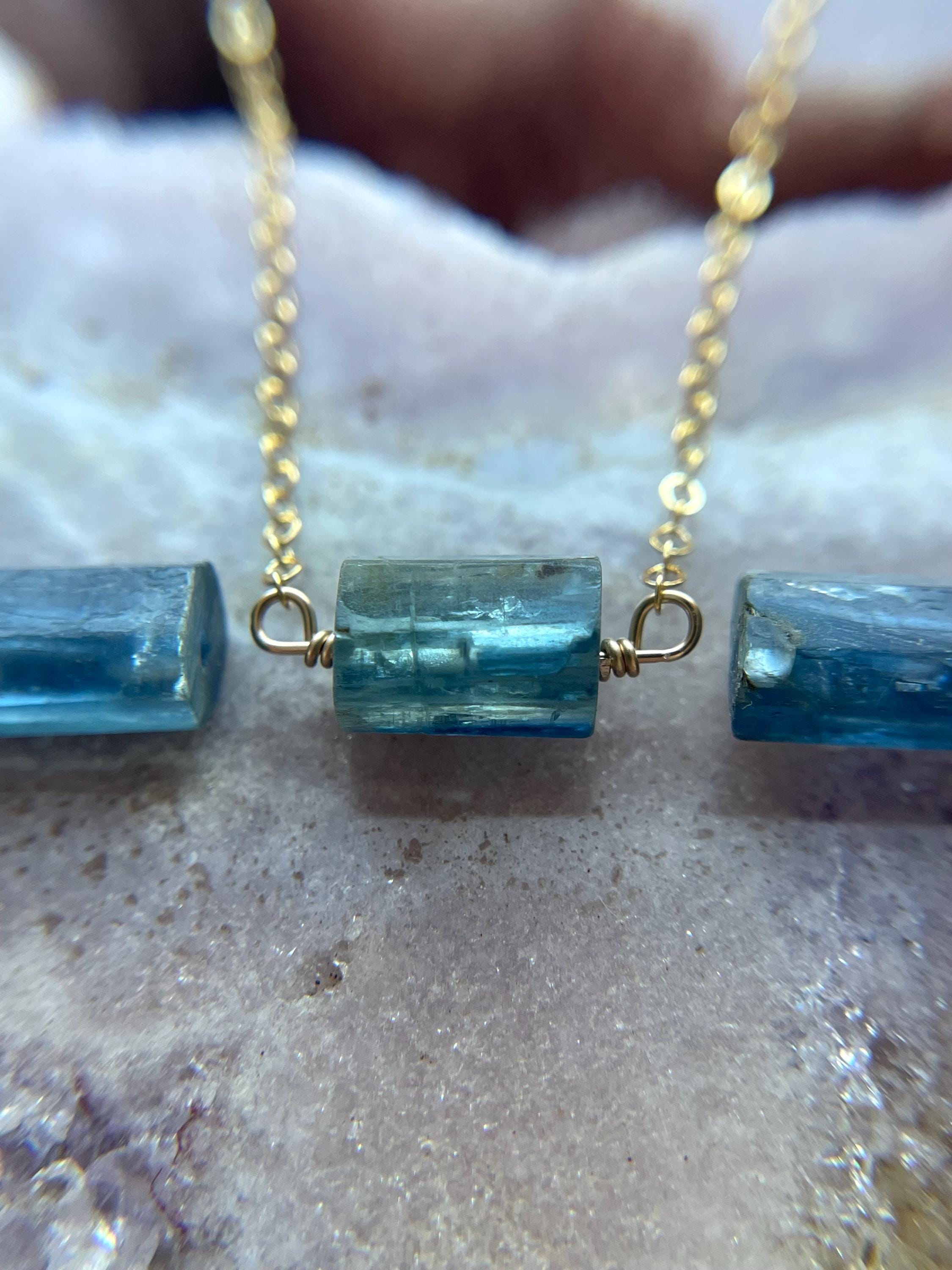 Blue Kyanite Crystal Necklace 14kt Gold Filled Or .925 Sterling Silver Chain Blue Kyanite Crystal Necklace 14kt Gold Filled Or .925 Sterling Silver Chain