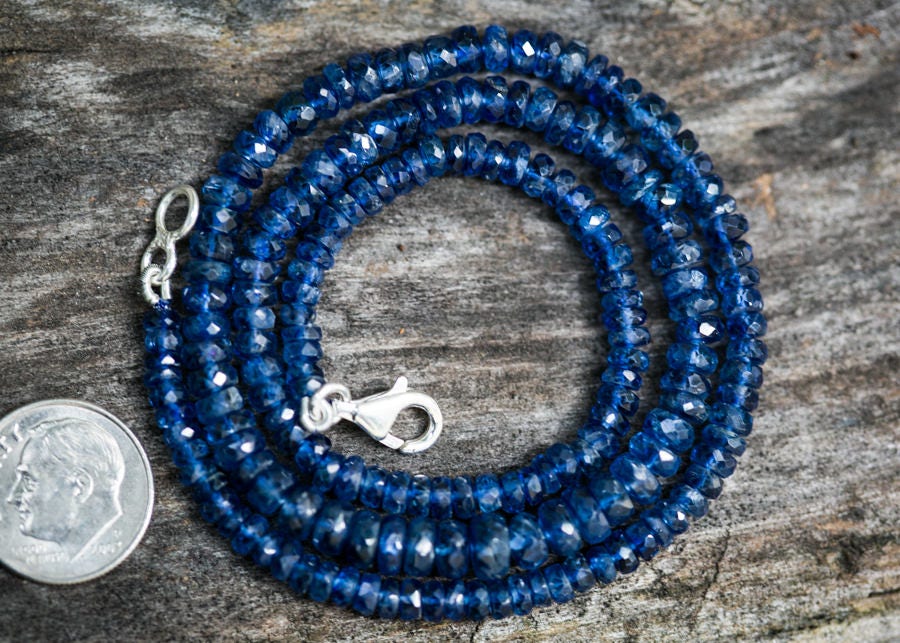 Blue Kyanite Necklace: Sterling Silver Clasp, Faceted Rondelle Beads