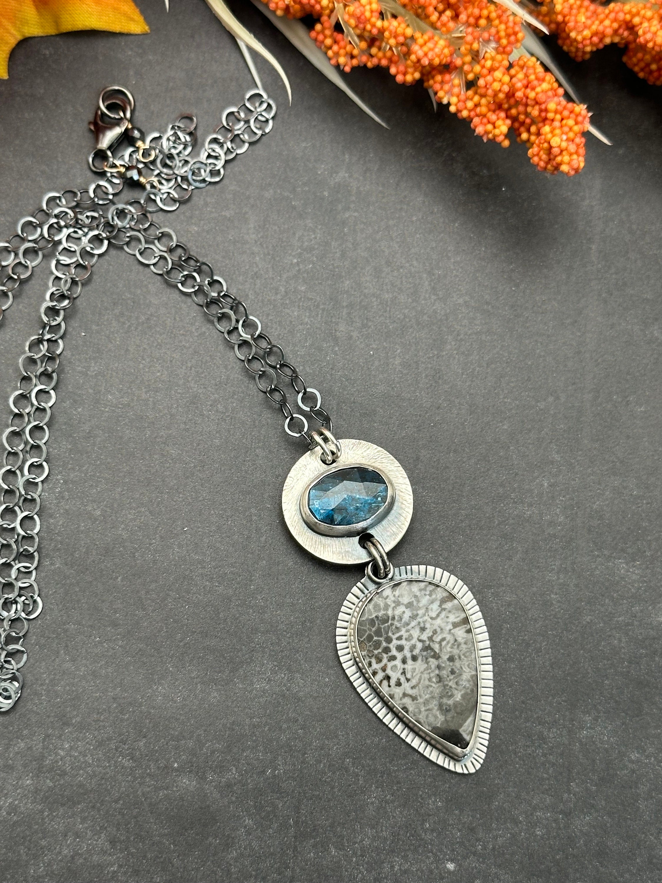 Bryozoan Coral And Teal Kyanite Artisan Necklace