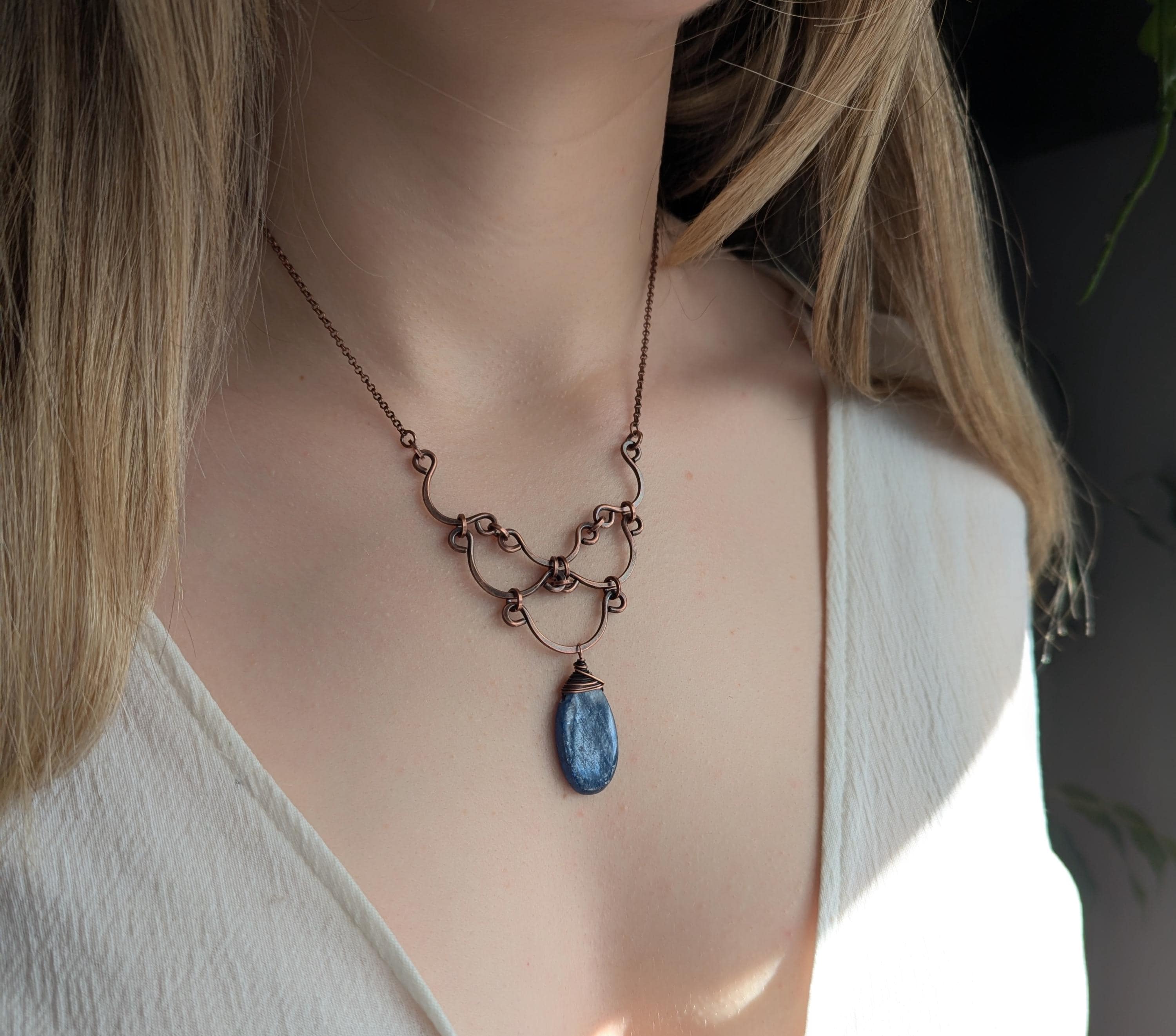Egyptian Copper Cascade Necklace: Kyanite Stone Boho Statement