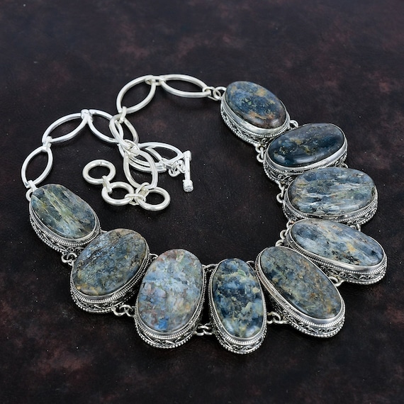 Handmade Kyanite Gemstone Necklace: Vintage Sterling Silver, Adjustable Chain