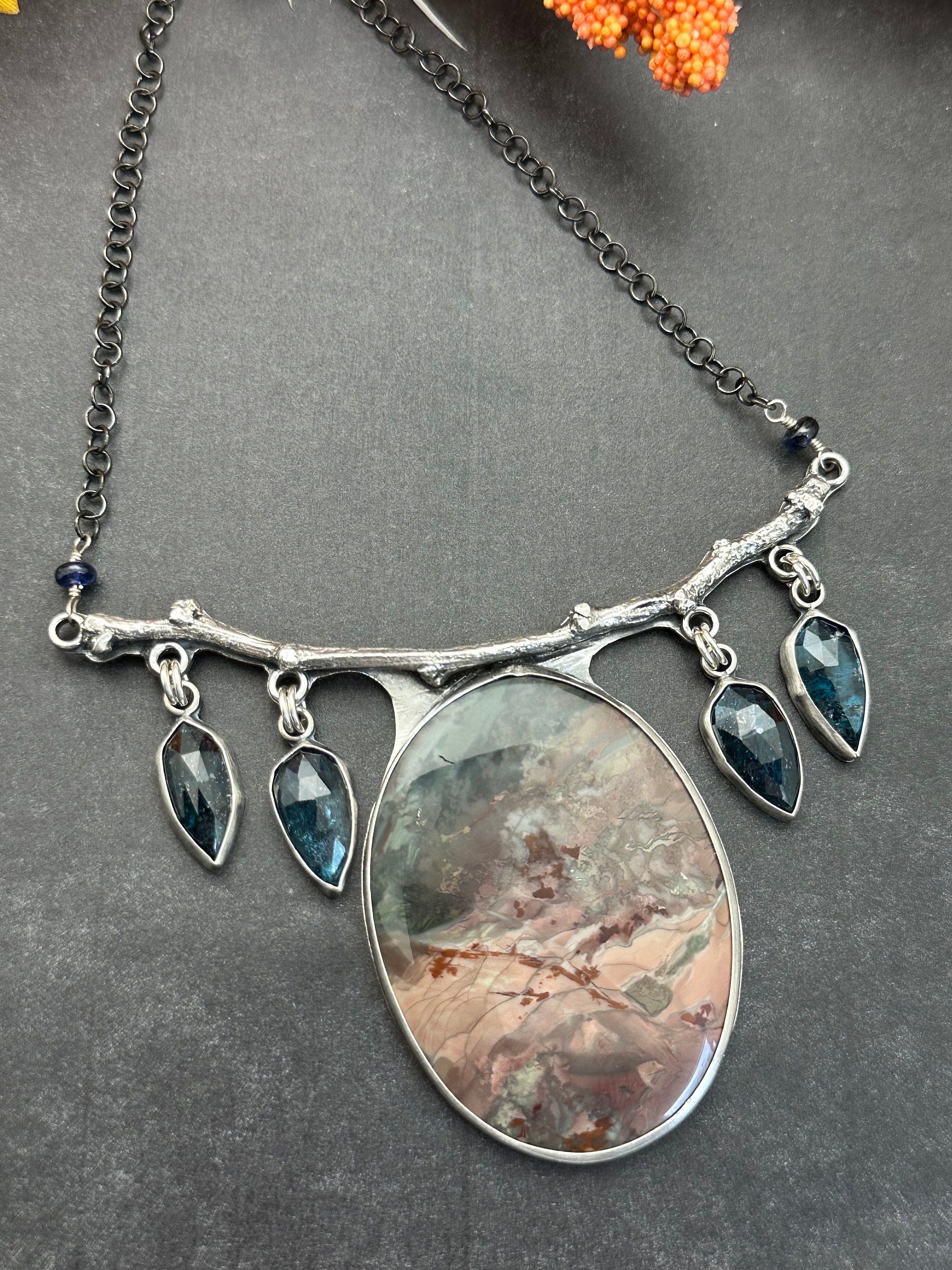 Morrisonite And Teal Kyanite Statement Twig Necklace