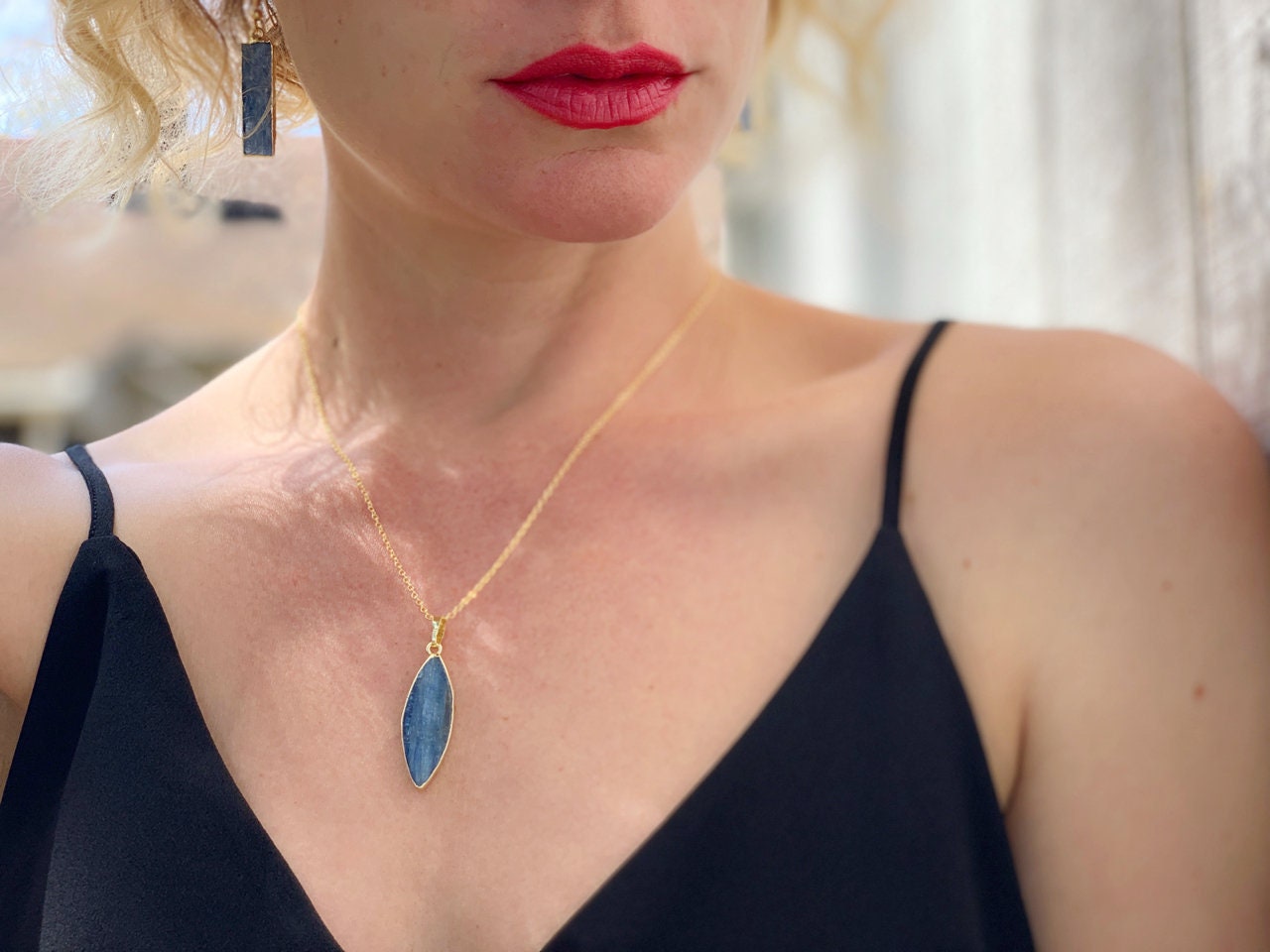 Romantic Pearly Blue Marquise Kyanite Gold Dipped Necklace | Kyanite Jewelry | Gold Necklace | Eye Shaped Necklace | Boho | Bridesmaid