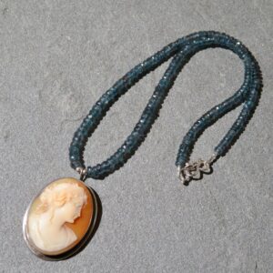Vintage Shell Cameo Necklace, Teal Kyanite Necklace, Vintage Cameo Jewelry