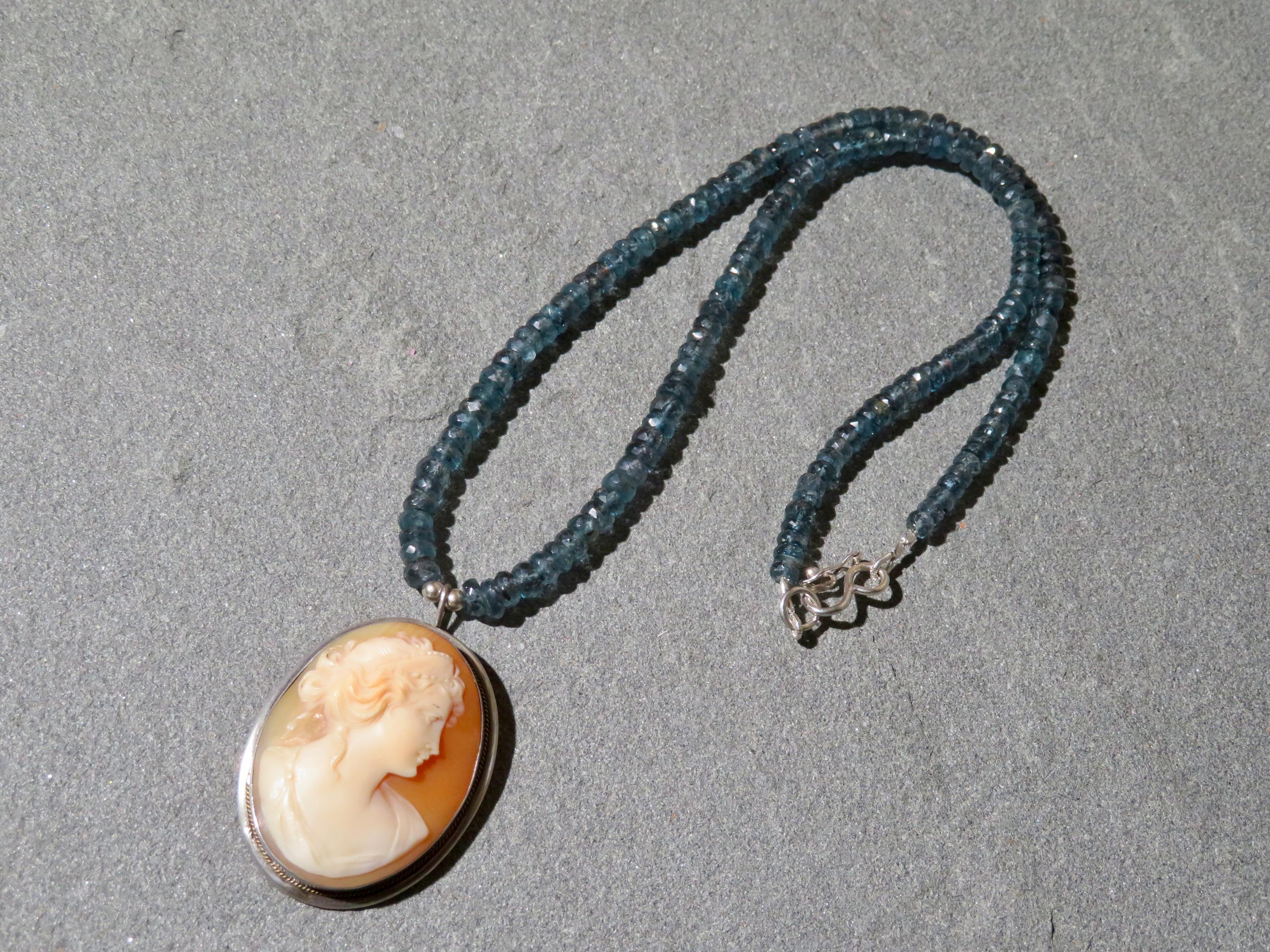 Vintage Shell Cameo Necklace, Teal Kyanite Necklace, Vintage Cameo Jewelry