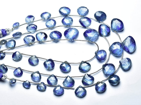 Bi Kyanite Heart Beads - 8 Inches - Natural Blue Kyanite Faceted Heart Briolette - Size Is 6 - 11mm #2175
