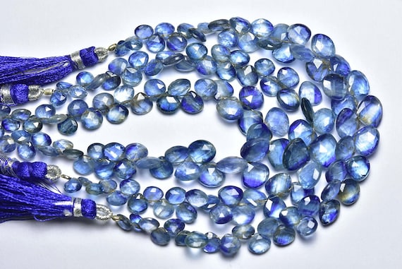 Bi Kyanite Teardrop Beads - 7 Inches - Natural Blue Kyanite Faceted Heart Briolette - Size Is 5.5 - 9mm #2093