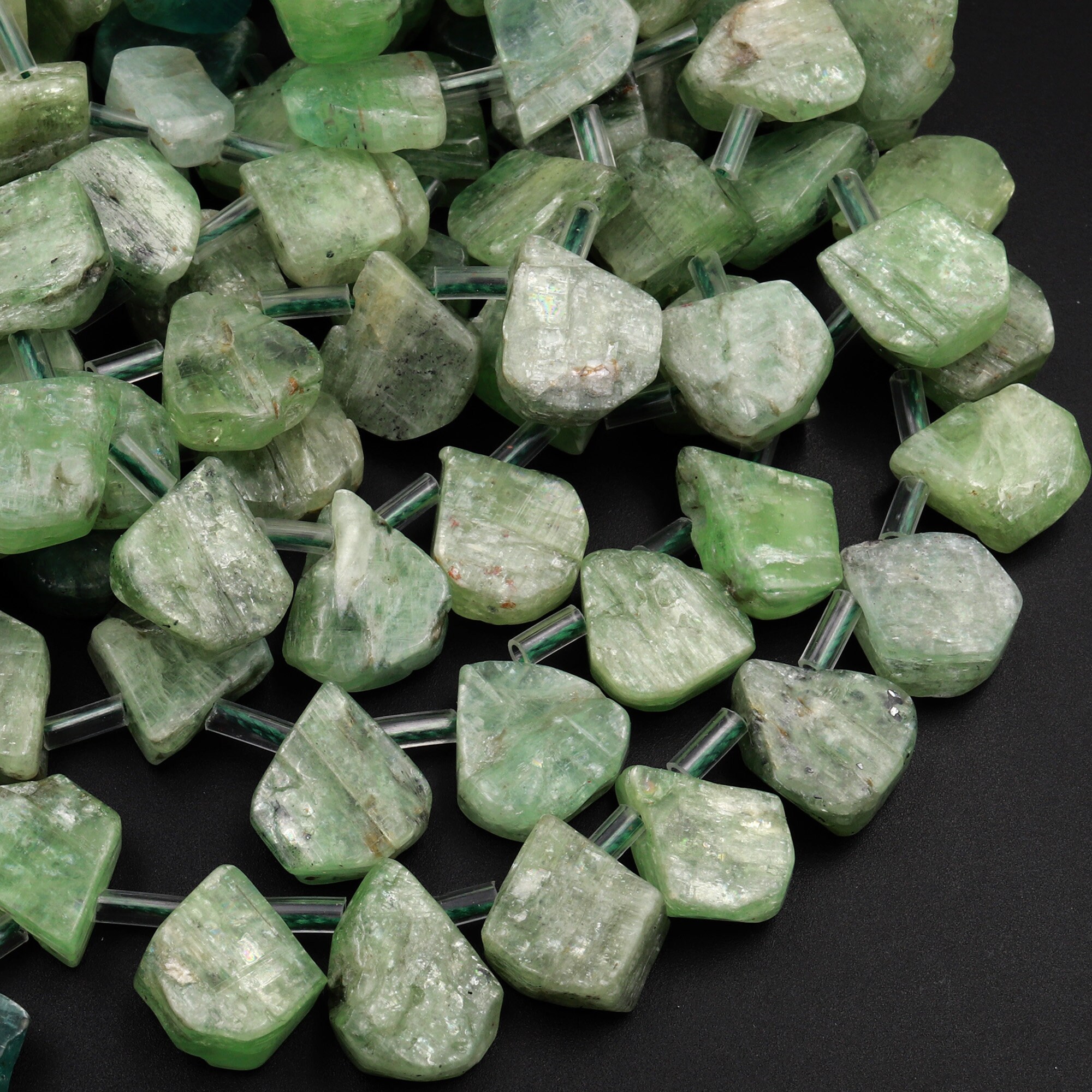 Hand Cut Natural Green Kyanite Beads Flat Teardrop Briolette Gemstone 15.5" Strand