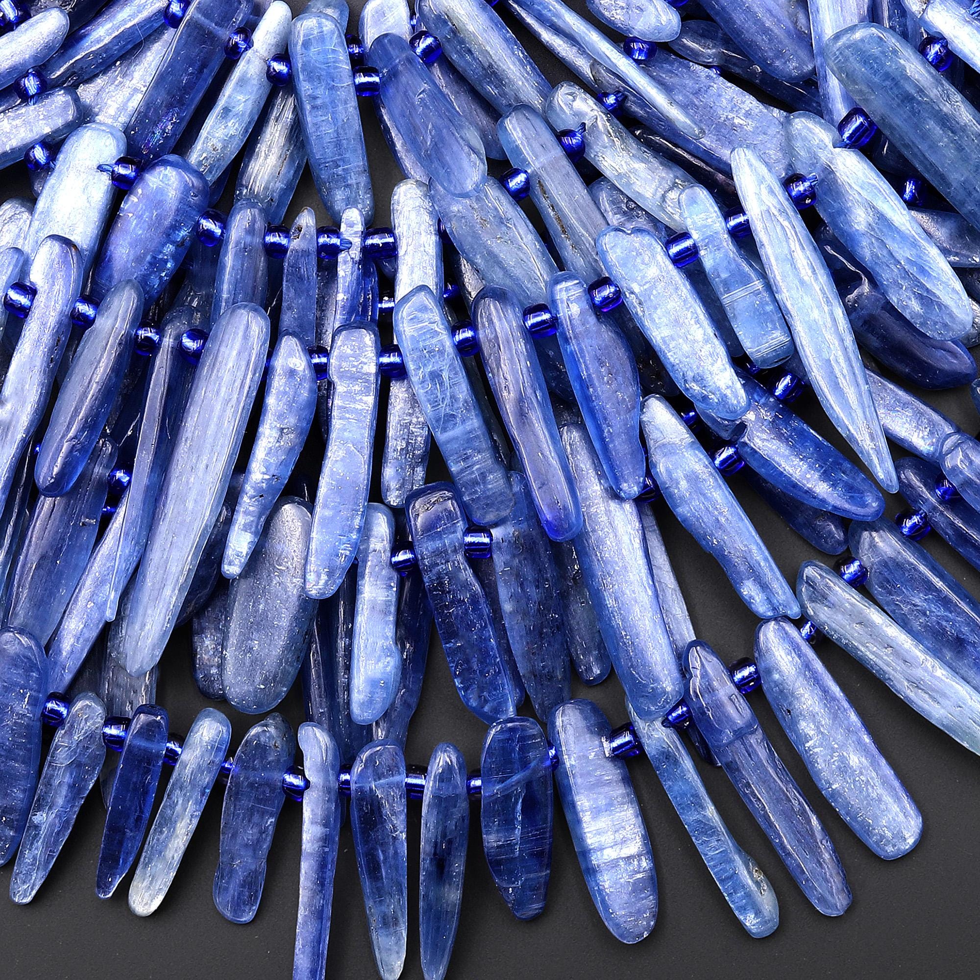 Natural Blue Kyanite Freeform Thin Long Point Spike Beads Top Side Drilled Gemstone 15.5" Strand