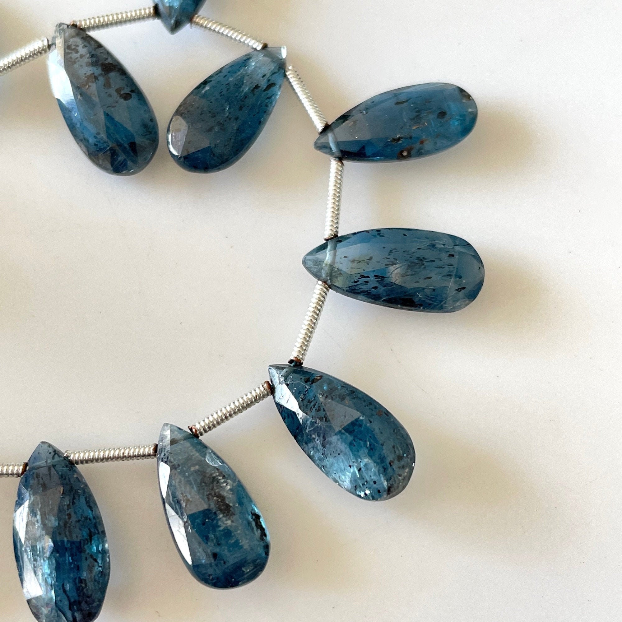 Natural Blue Moss Kyanite Long Pear Shaped Faceted Briolette Beads, 14mm To 15mm Kyanite Gemstone Beads, Sold As 7 Inch Strand, Gds2151