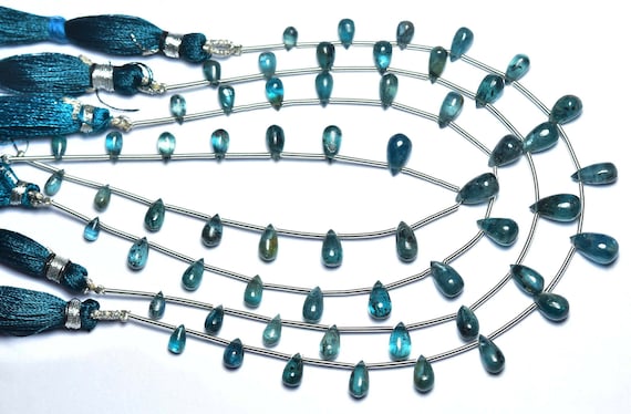 Teal Blue Moss Kyanite Teardrop Beads - 7 Inches - Natural Indicolite Kyanite Smooth Briolette Strand - Size Is 4x7 - 5.5x9 Mm #558