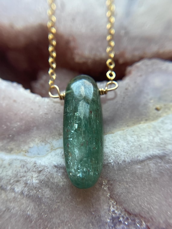 Green Kyanite Pendant Necklace: Raw Gemstone, Gold Filled Chain