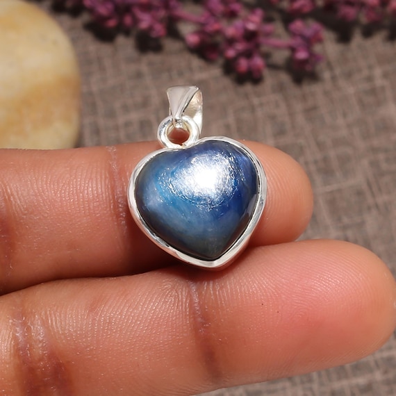 Handmade Kyanite Heart Pendant: 925 Sterling Silver Necklace, September Birthstone