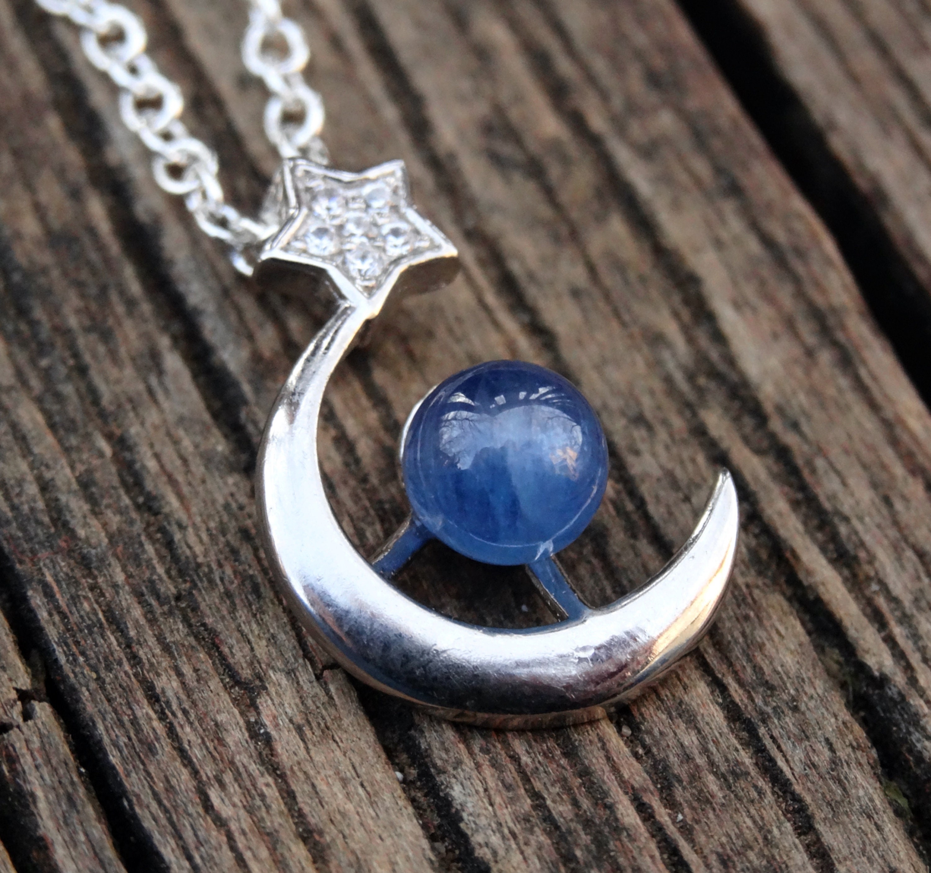Kyanite Moon & Star Necklace: Sterling Silver Celestial Pendant