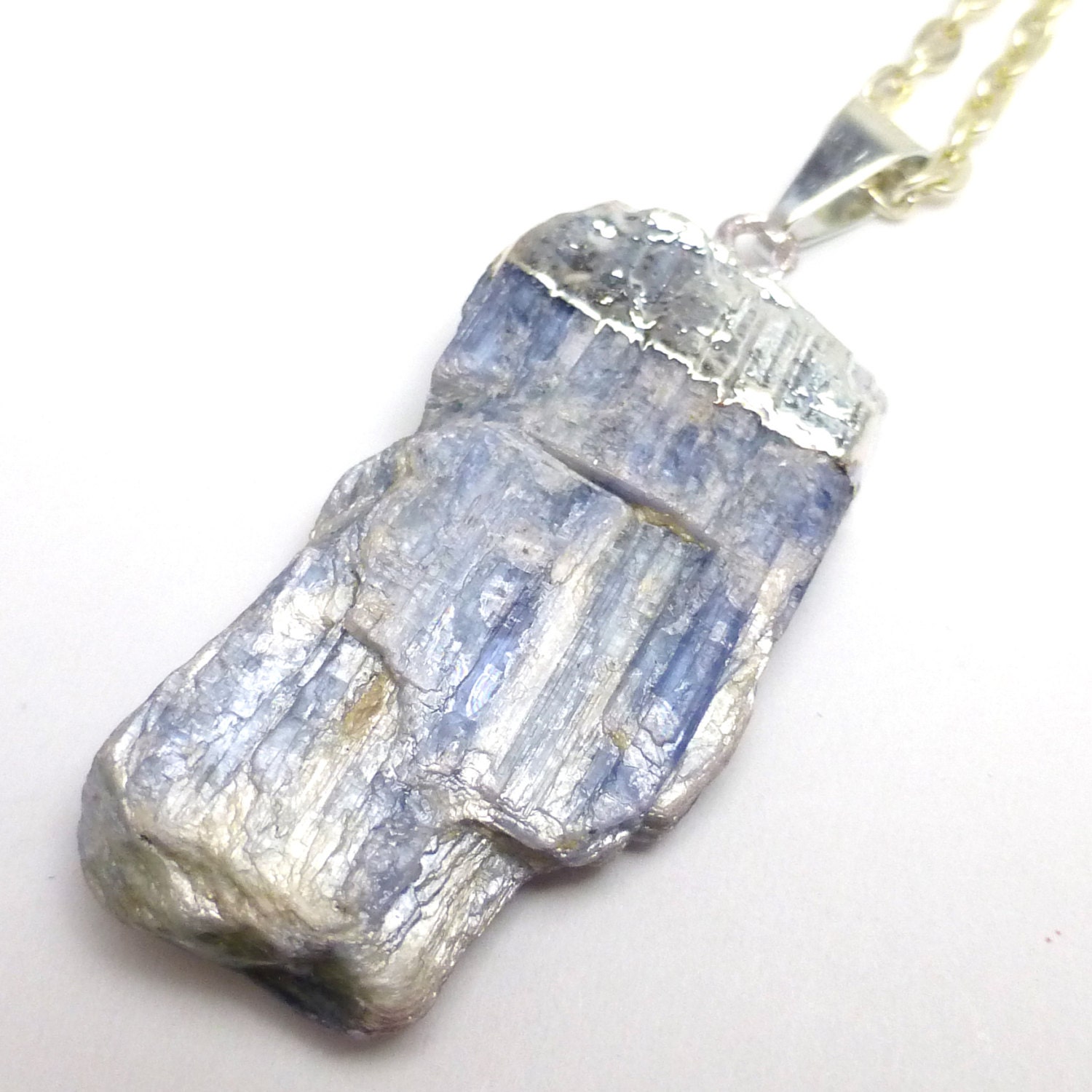 Kyanite Pendant Necklace Sterling Silver Reflective Blue Cornflower Raw Crystal One Of A Kind Unique Fashion Style Chain Fancy Gift Present