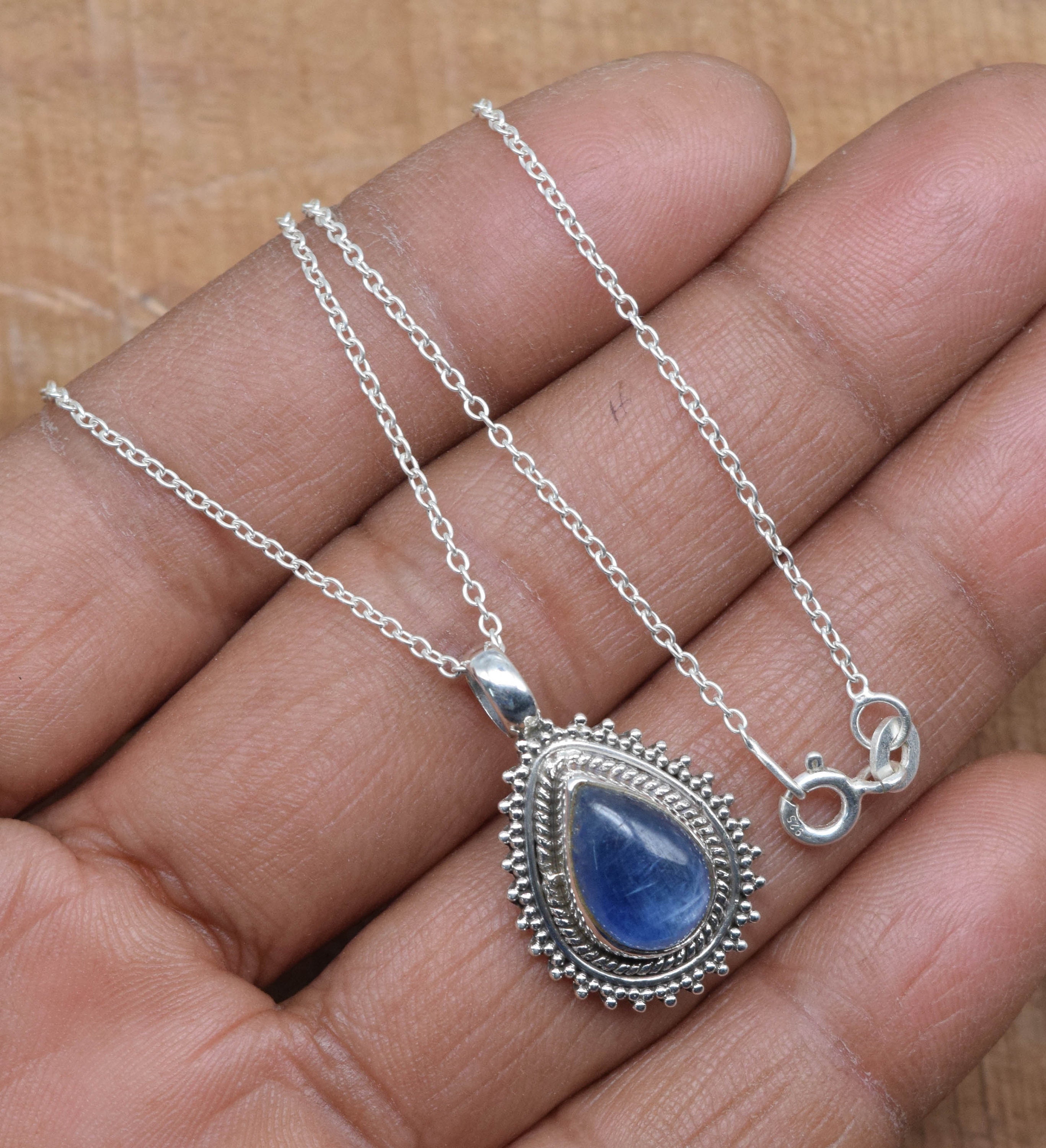 Kyanite Pear Pendant: 925 Sterling Silver, Handmade Jewelry