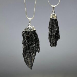 Raw Black Kyanite Crystal Pendant Necklace: Silver Accent, 18" Snake Chain