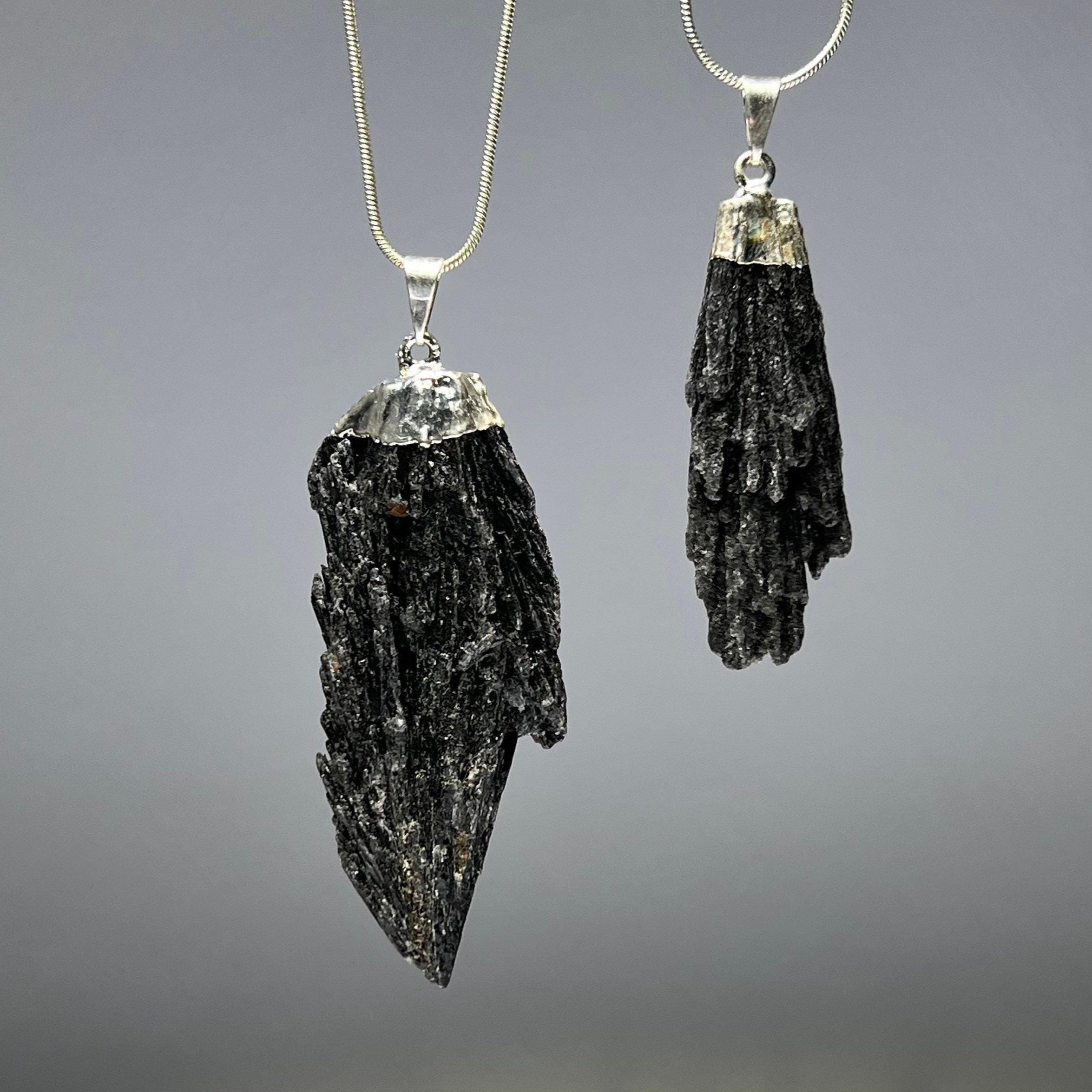 Raw Black Kyanite Crystal Pendant Necklace: Silver Accent, 18" Snake Chain