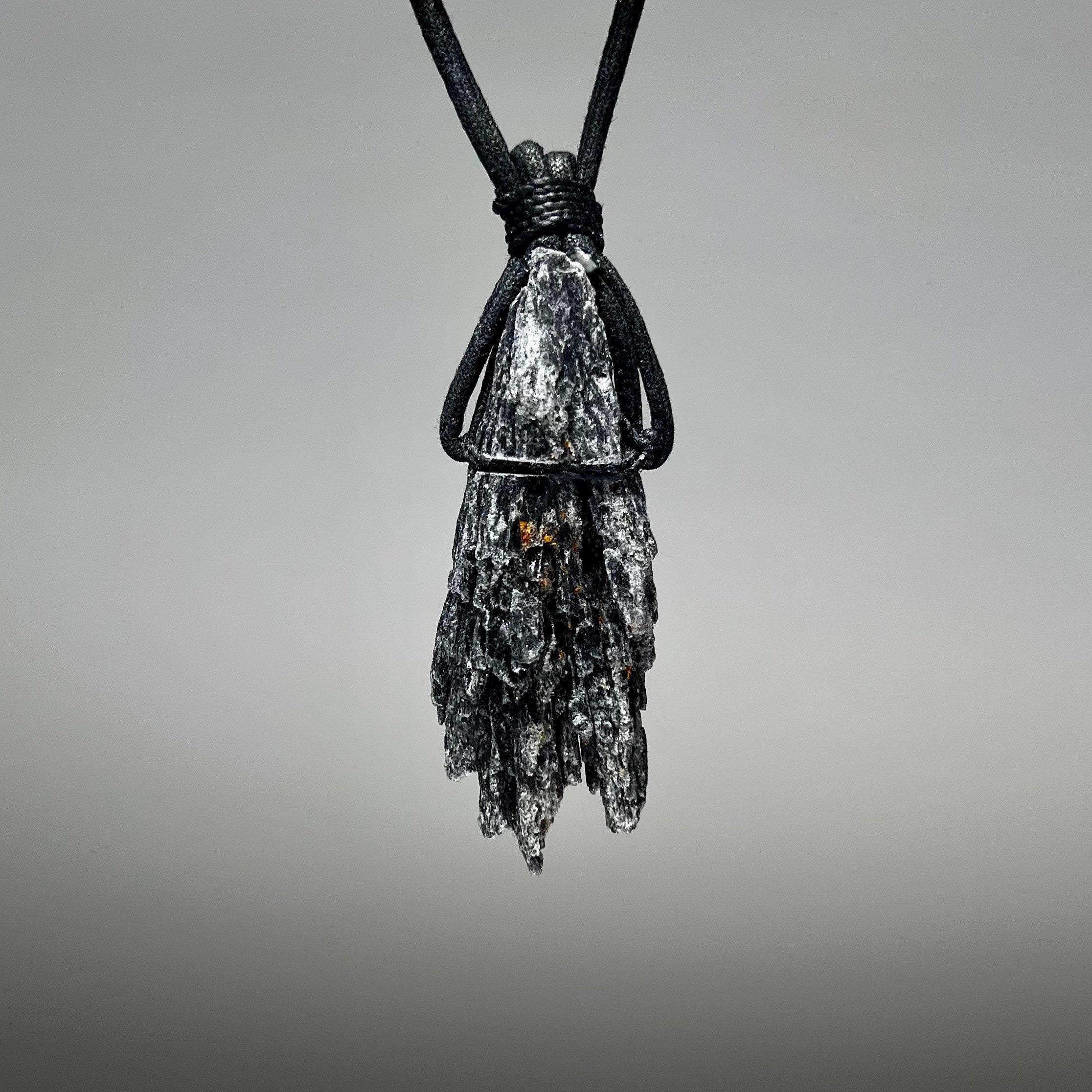 Raw Black Kyanite Pendant Necklace: Handmade Crystal Cord Necklace Raw Black Kyanite Pendant Necklace: Handmade Crystal Cord Necklace
