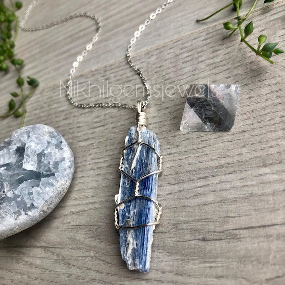 Raw Blue Kyanite Crystal Necklace: Gold-wrapped Kyanite Pendant