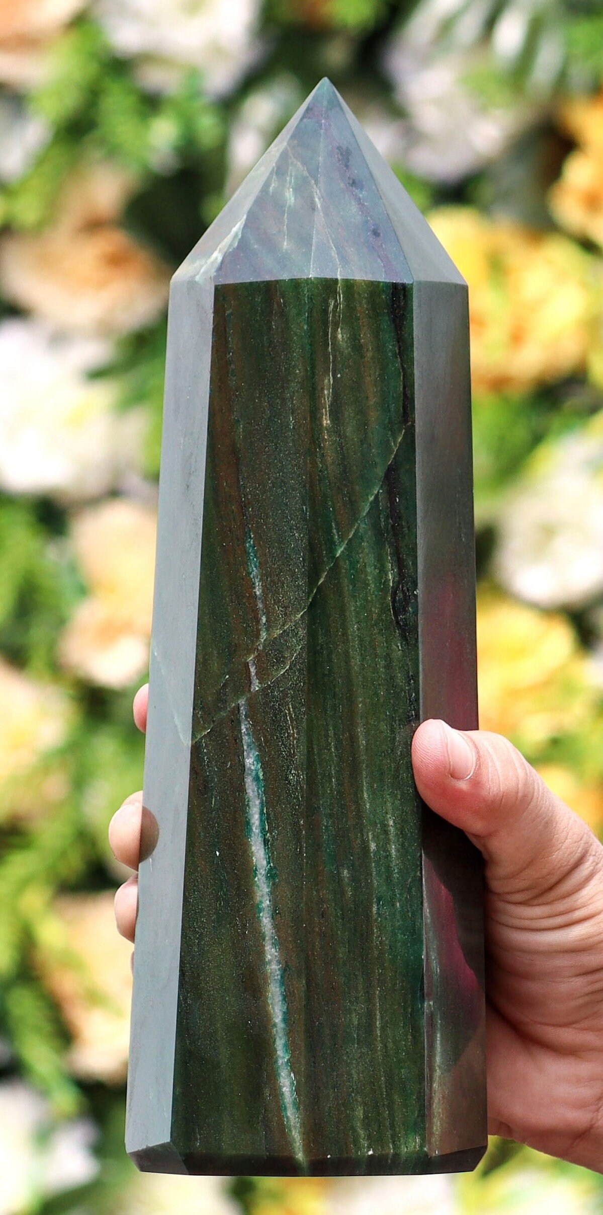 Green Kyanite Crystal Obelisk: 8 Faceted Healing Tower, 260mm
