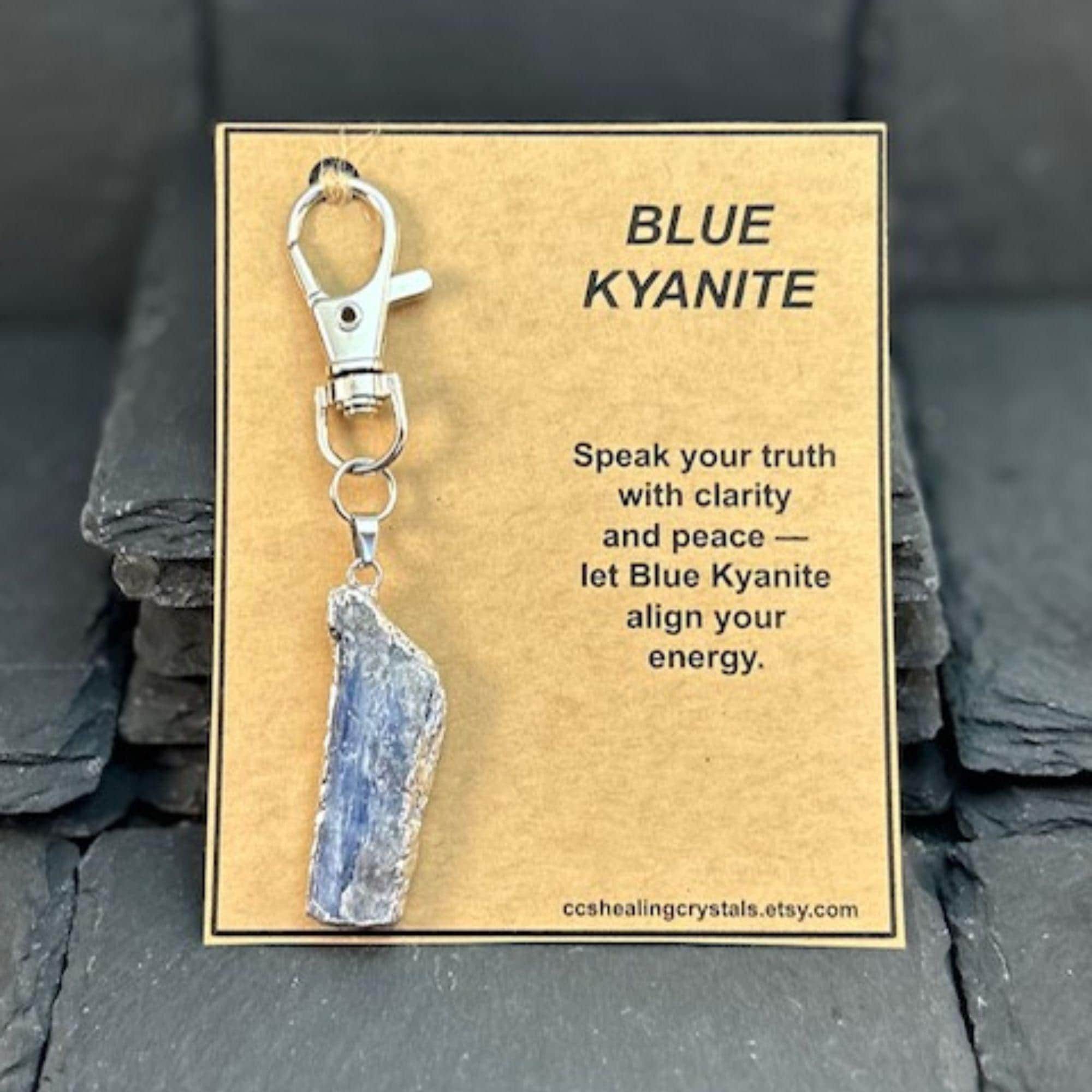 Raw Blue Kyanite Crystal Keychain Gift Card: Silver Keyclip, Boho Gemstone