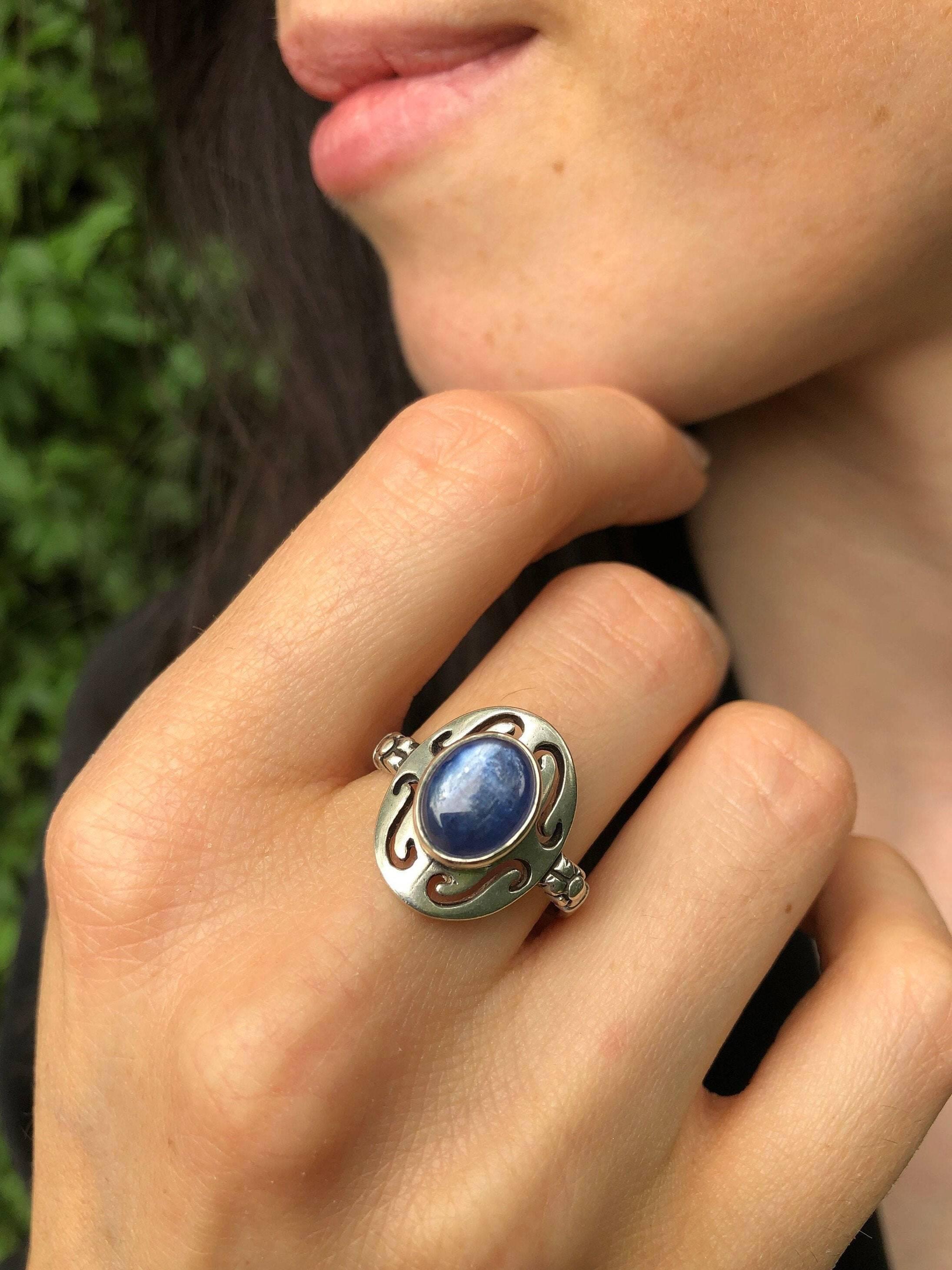 Blue Boho Ring, Natural Kyanite, Blue Kyanite Ring, Bohemian Ring, Tribal Ring, Vintage Ring, Holistic Ring, Artisan Ring, Solid Silver Ring