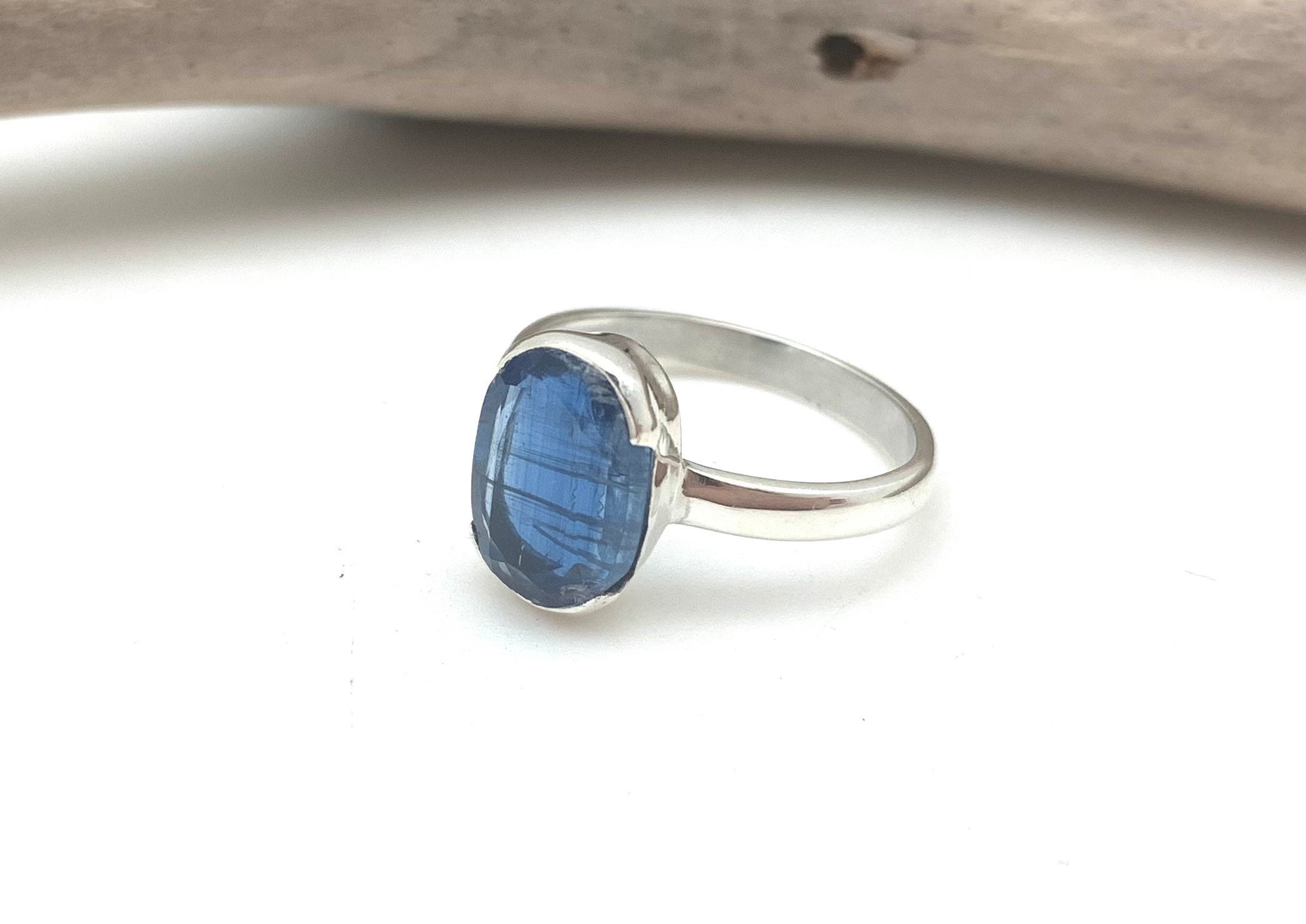 Blue Kyanite Ring, Natural Faceted Sterling Silver, Size 7
