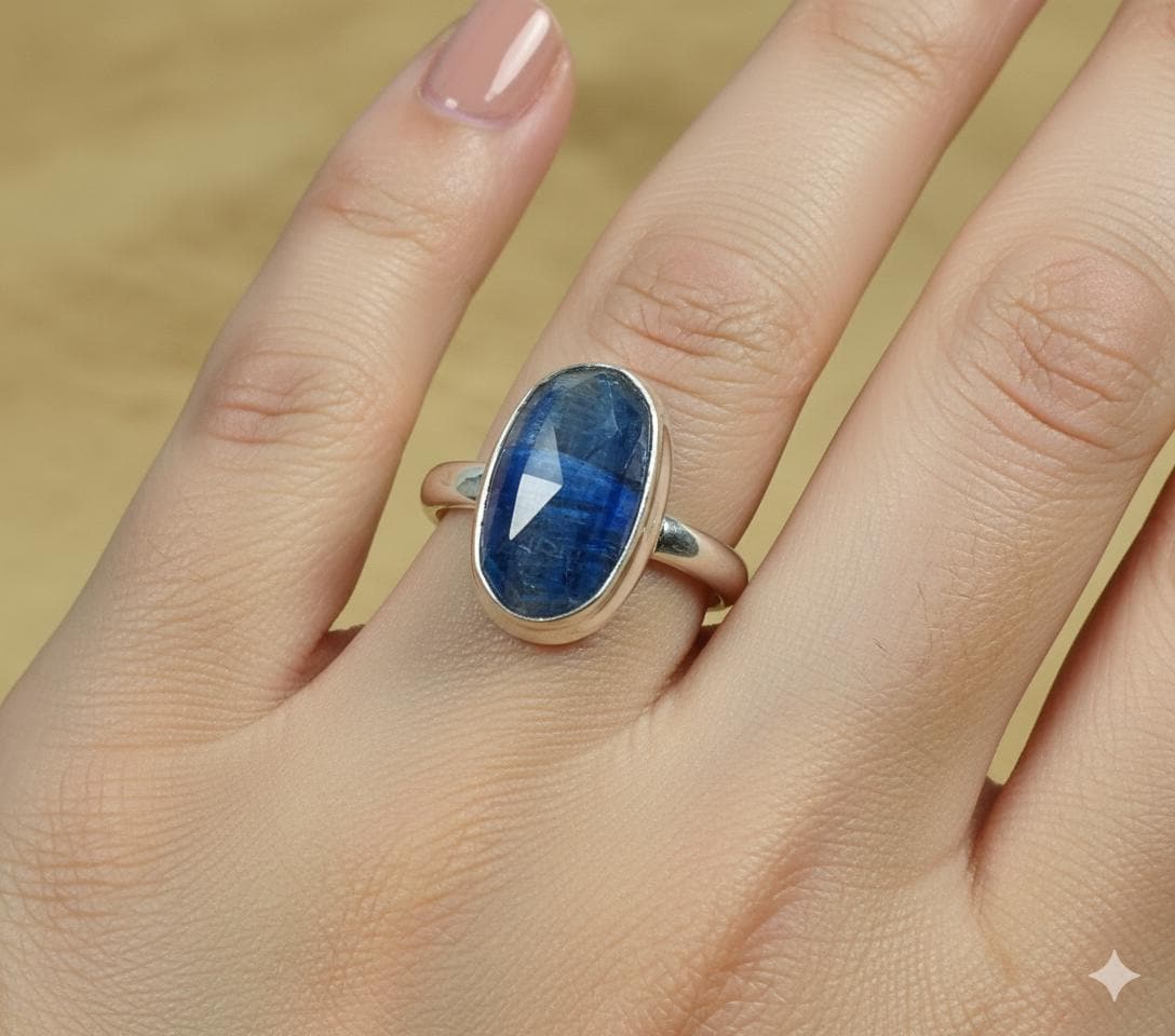 Blue Kyanite Ring: Oval Gemstone, 925 Sterling Silver, Handmade