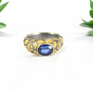 Natural Kyanite Ring, 18K Gold Sterling Silver, Floral Botanical Ring, Size 6.5