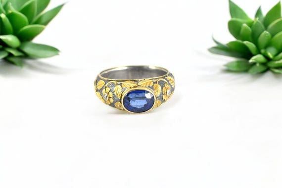 Natural Kyanite Ring, 18k Gold Sterling Silver, Floral Botanical Ring, Size 6.5 Natural Kyanite Ring, 18k Gold Sterling Silver, Floral Botanical Ring, Size 6.5