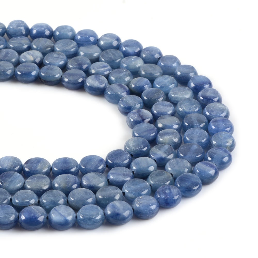0591 8mm Blue Kyanite Flat Coin Round Loose Gemstone Beads 16"