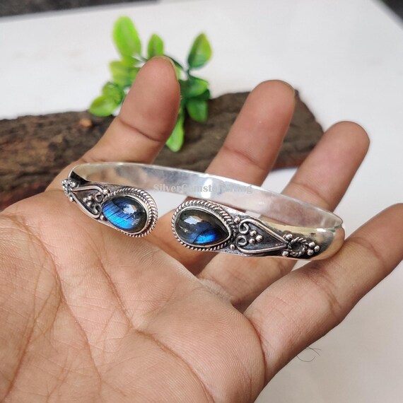 Labradorite Bangle: Handmade Bangle, 925 Sterling Silver Adjustable Cuff Jewelry