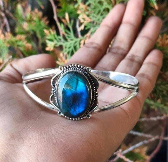 Blue Fire Labradorite Bangle, 925 Sterling Silver, Gemstone Jewelry, Christmas Gift