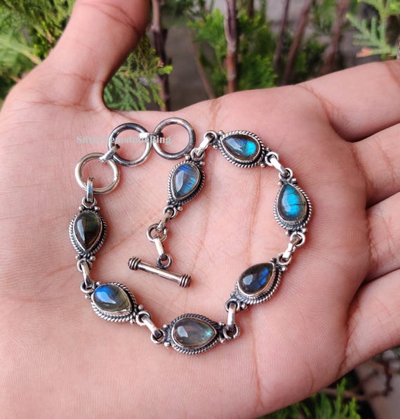 Blue Flash Labradorite Bracelet: Handmade 925 Sterling Silver Adjustable Bracelet