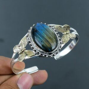 Labradorite Cuff Bracelet: Sterling Silver, 18K Gold Butterfly Bangle Labradorite Cuff Bracelet: Sterling Silver, 18K Gold Butterfly Bangle