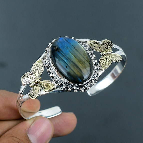 Labradorite Cuff Bracelet: Sterling Silver, 18k Gold Butterfly Bangle